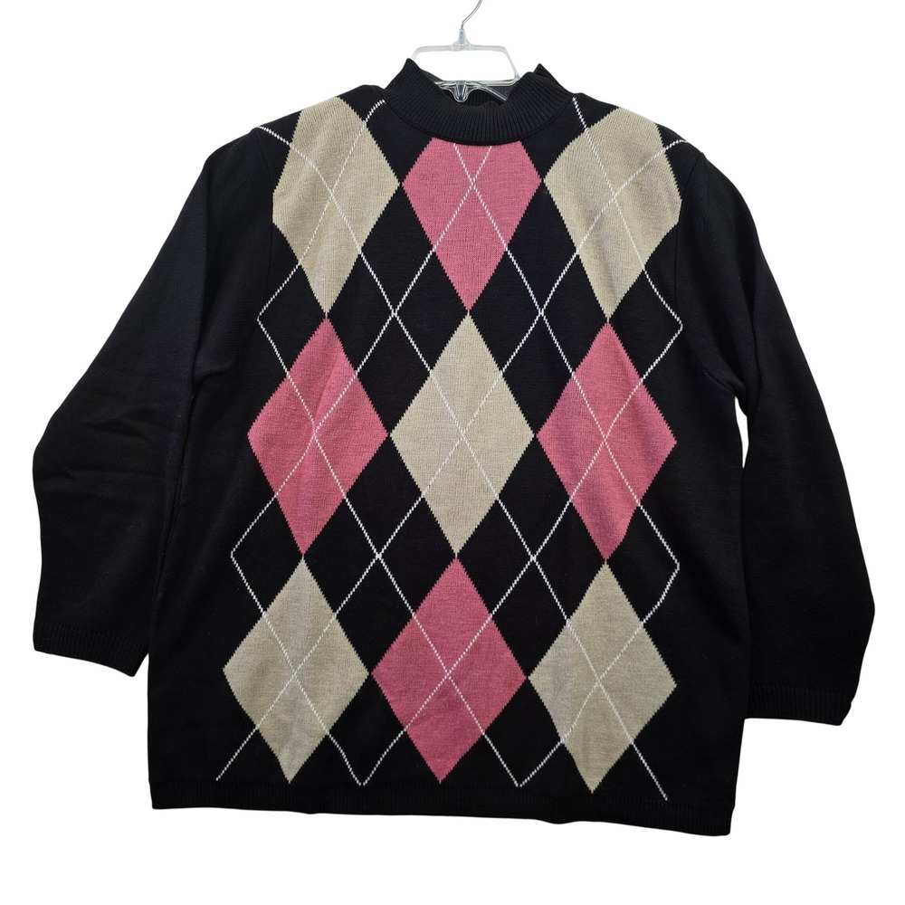 Alfred Dunner Vintage Argyle Sweater L Made USA Black Pink Mock Neck Cozy Knit